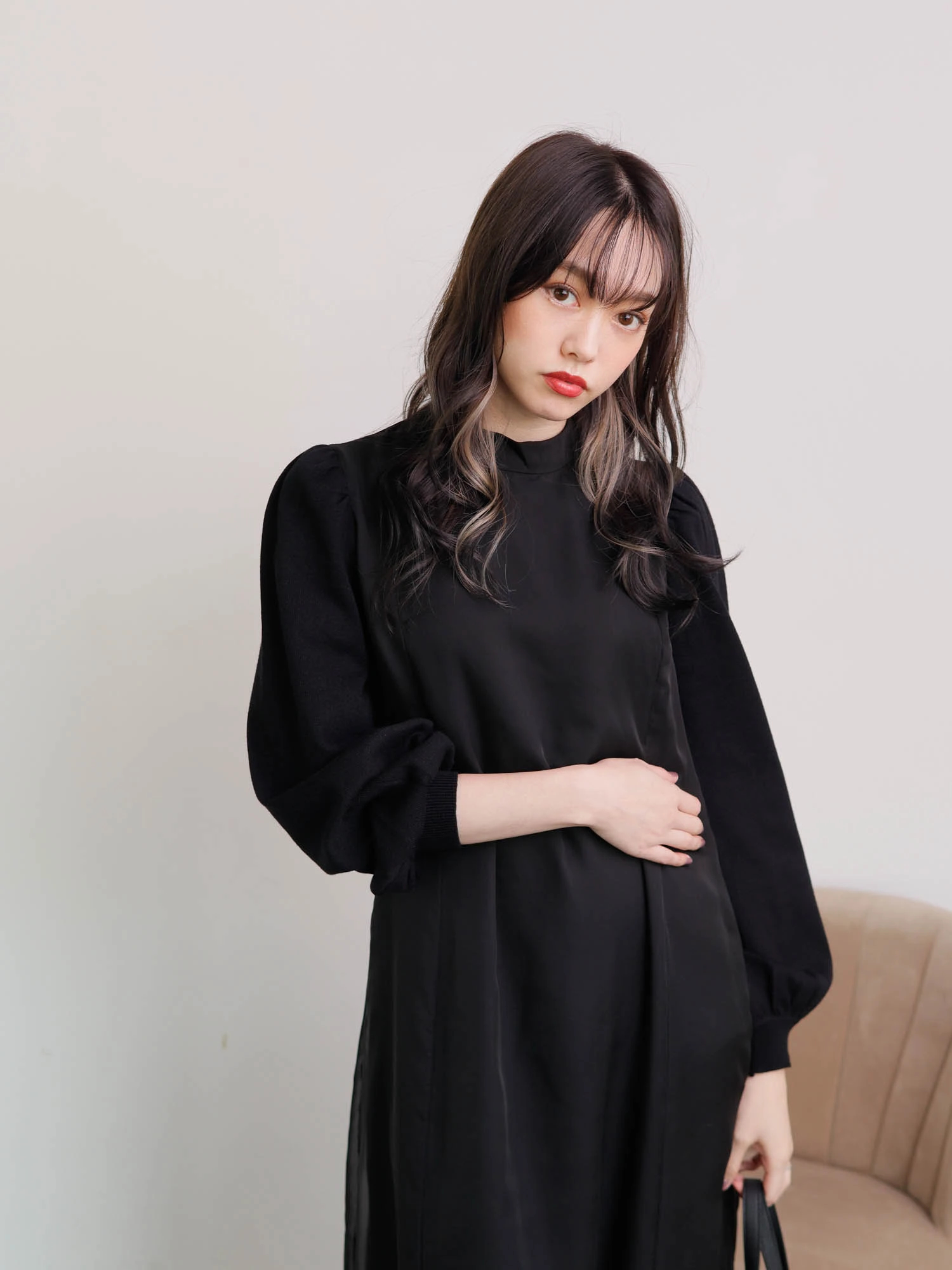 supika様フォロー割【超美品】ミスアシダ 長袖ワンピース ベージュ×黒色 LIP SERVICE（リップサービス）｜ ニットスリーブスリムフレア