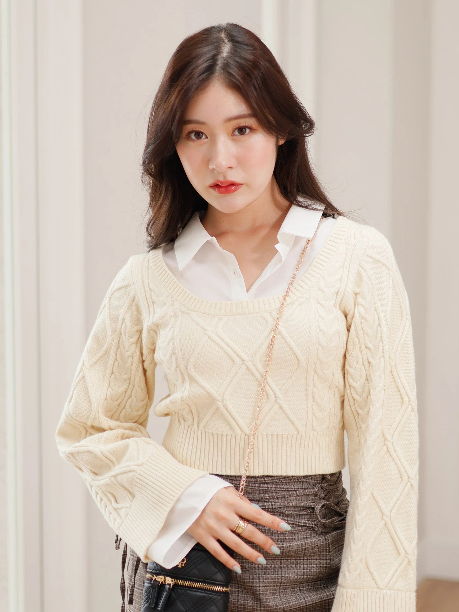 LIP SERVICE（リップサービス）｜ シャツレイヤードケーブルニット