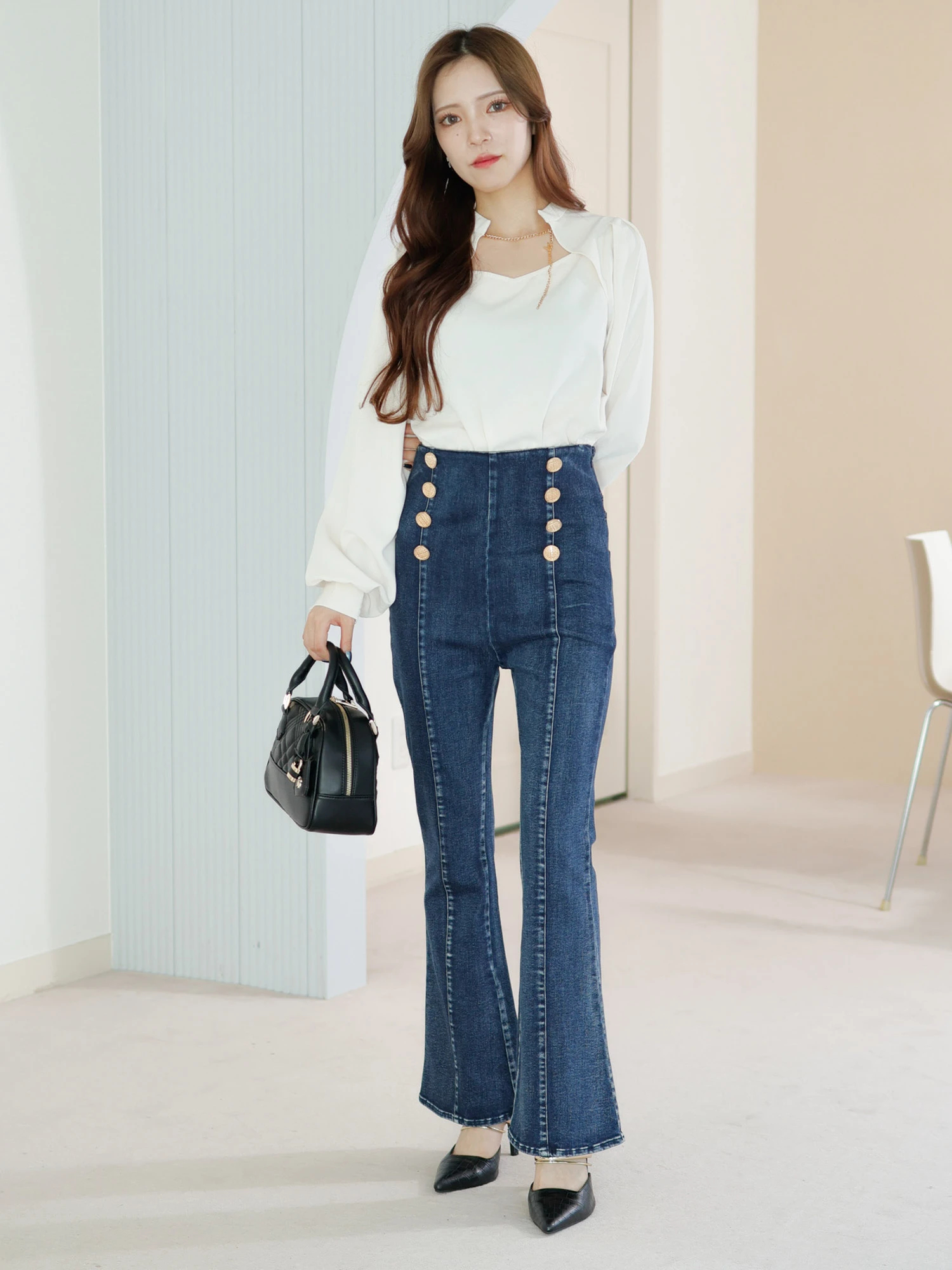 LIP SERVICE（リップサービス）｜ ツイードボタンデニムフレアパンツ