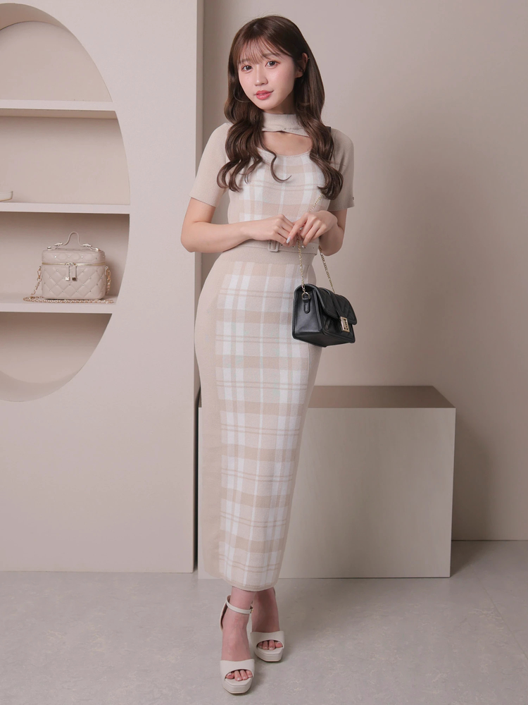 LIP SERVICE(リップサービス) |チェックジャガードデコルテオープンミディワンピース(WEB限定)