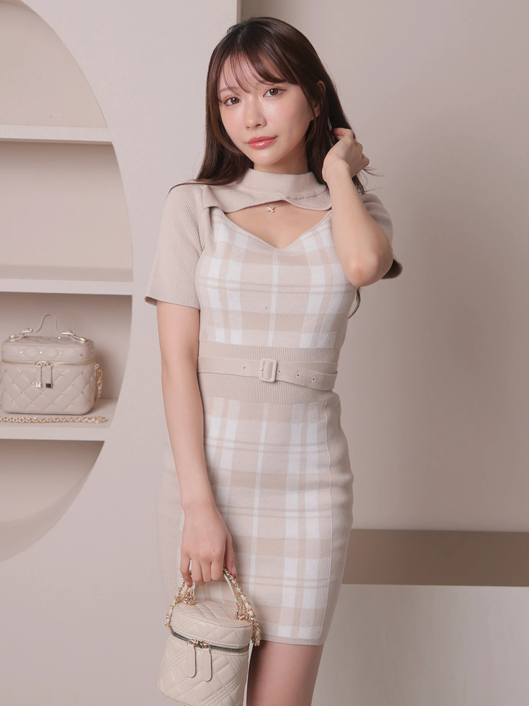 LIP SERVICE(リップサービス) |チェックジャガードデコルテオープンワンピース