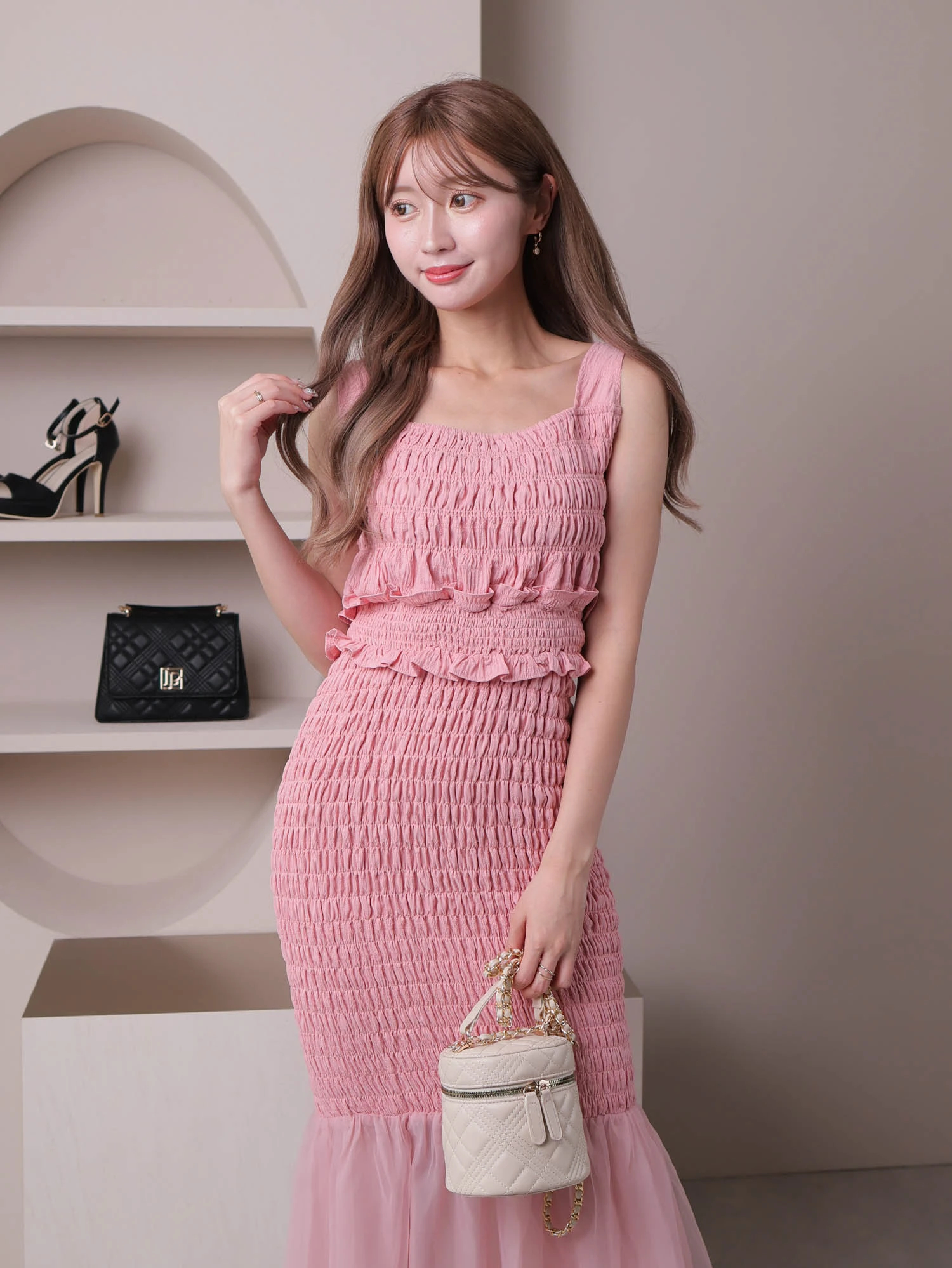 AR24307＊オーガンジースリーブ付セットアップドレスbkM AR24307＊オーガンジースリーブ付セットアップドレスbkM