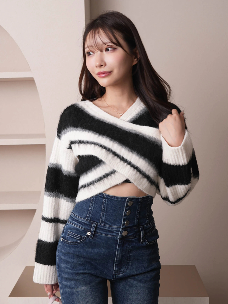 sheller シェリエ KIRAボーダークロップドセーター カーディガンセット sheller シェリエ KIRAボーダークロップドセーター カーディガンセット