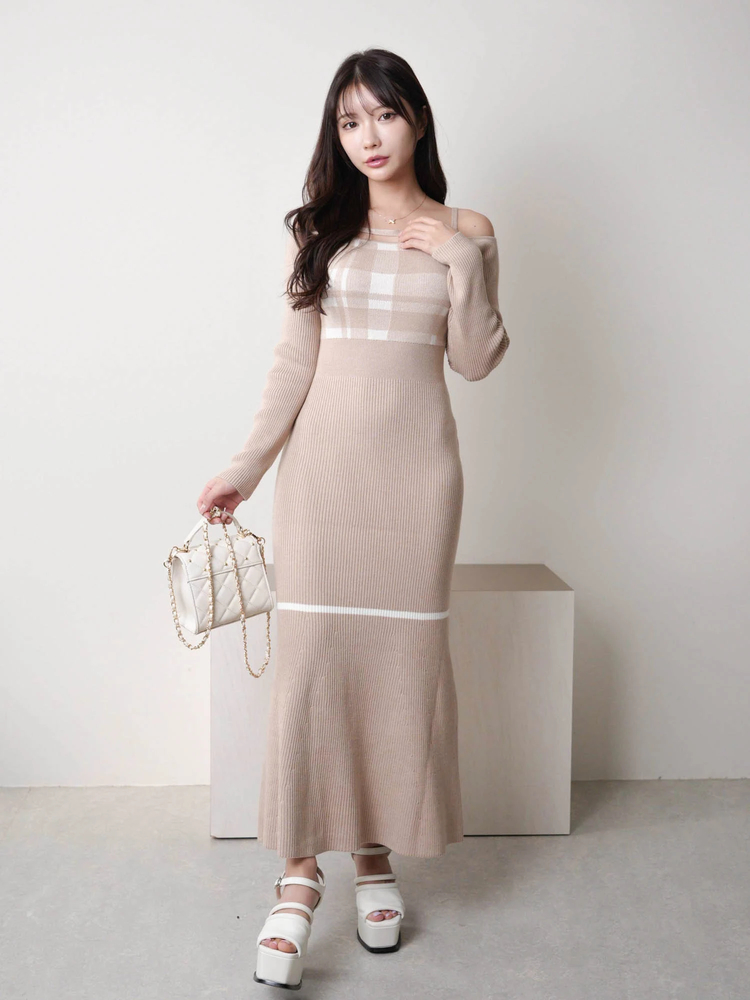 LIP SERVICE(リップサービス) |チェックジャガードオフショルマーメイドワンピース