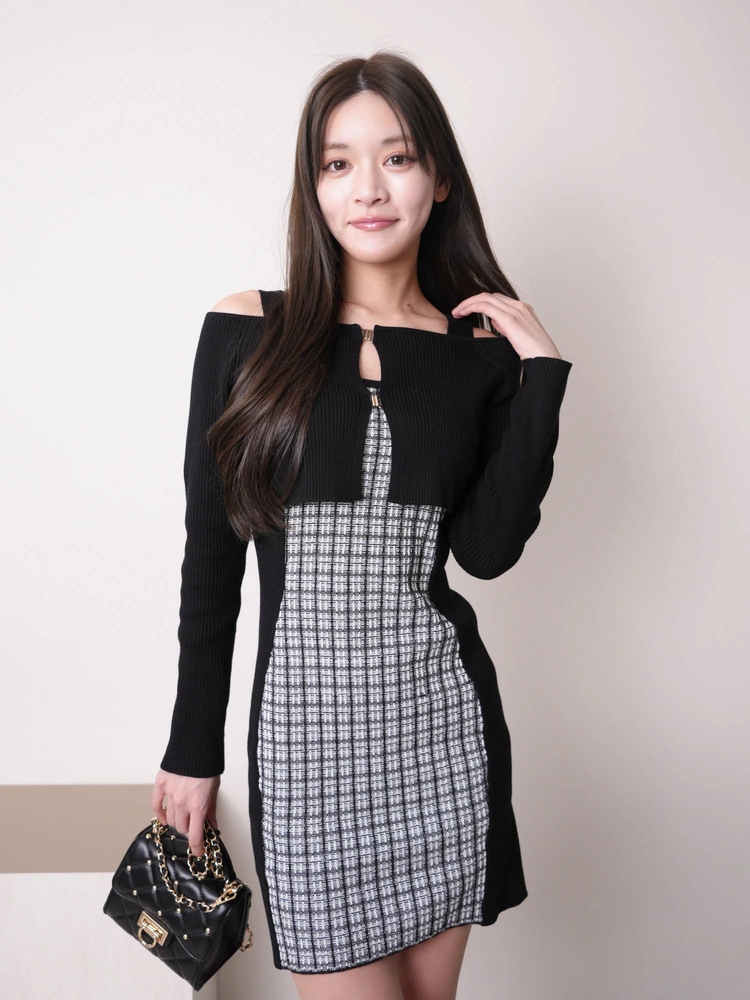 LIP SERVICE(リップサービス) |ツイードオフショルアンサンブルニットワンピース