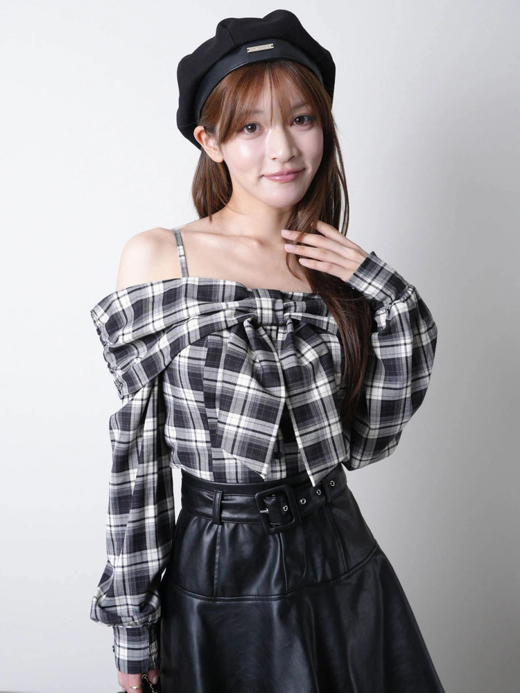 LIP SERVICE(リップサービス) |オフショルリボンチェックシャツトップス