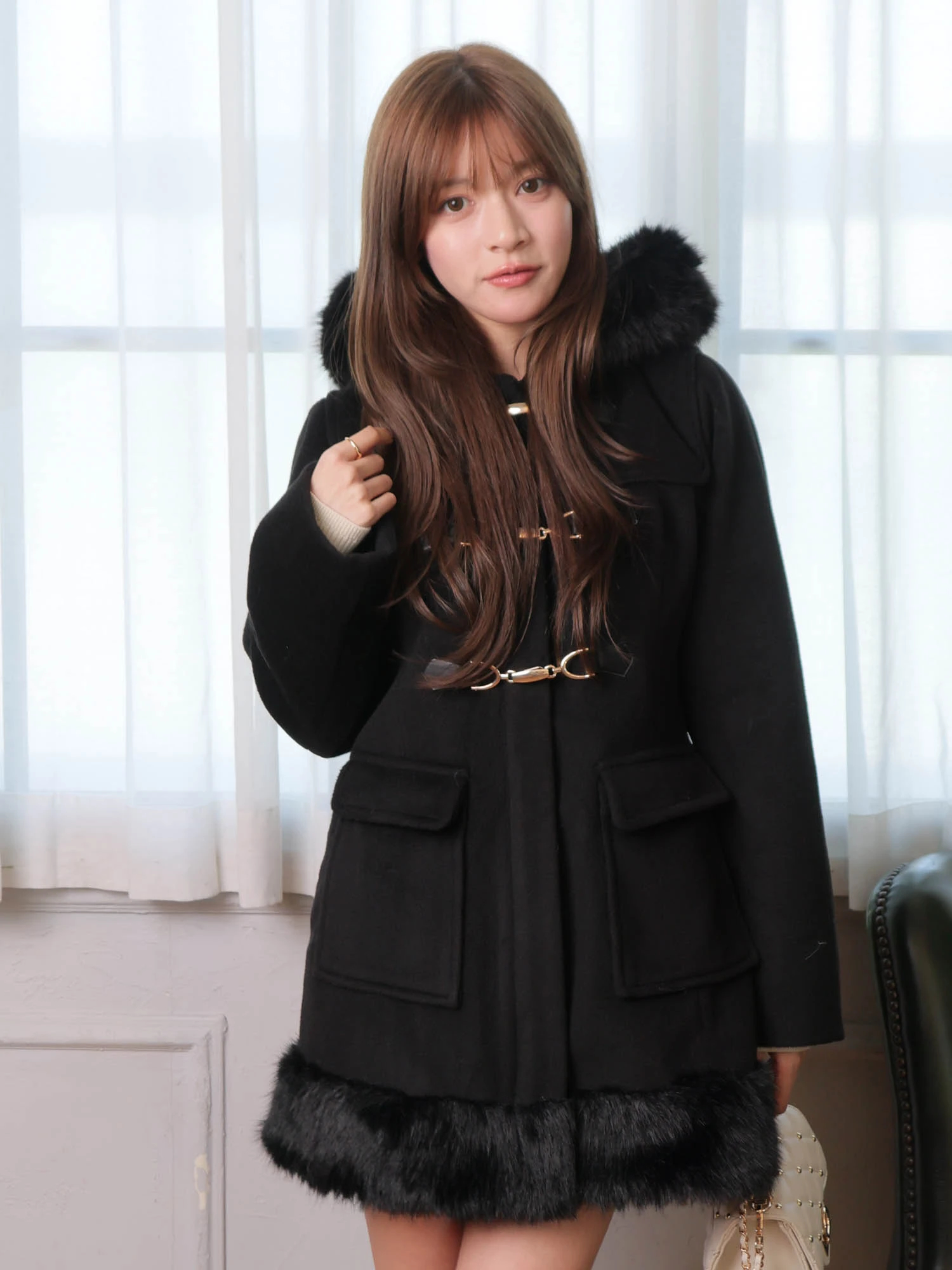 美品✨セオリーリュクス 日本製 黒 ダッフルコート フード付き 38 美品 セオリーリュクス ダッフルコート フード付き ブラック 38