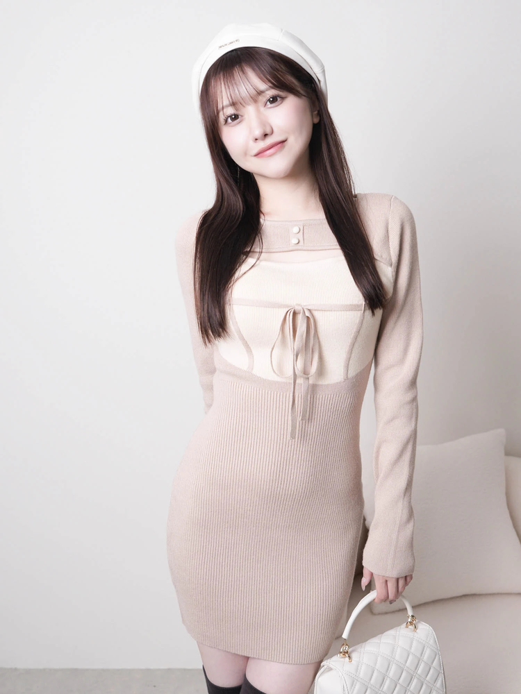 みです。最新作！デコルテオープンバイカラーリボンニットワンピース LIP SERVICE（リップサービス）｜ デコルテオープンバイカラーリボン