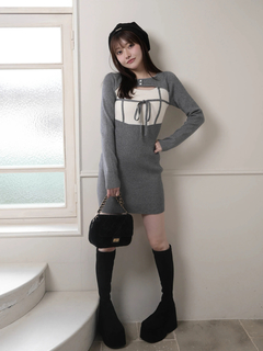 LIP SERVICE(リップサービス) |デコルテオープンバイカラーリボンニットワンピース