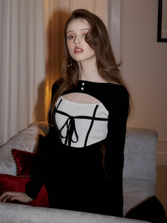 LIP SERVICE(リップサービス) |デコルテオープンバイカラーリボンニットワンピース