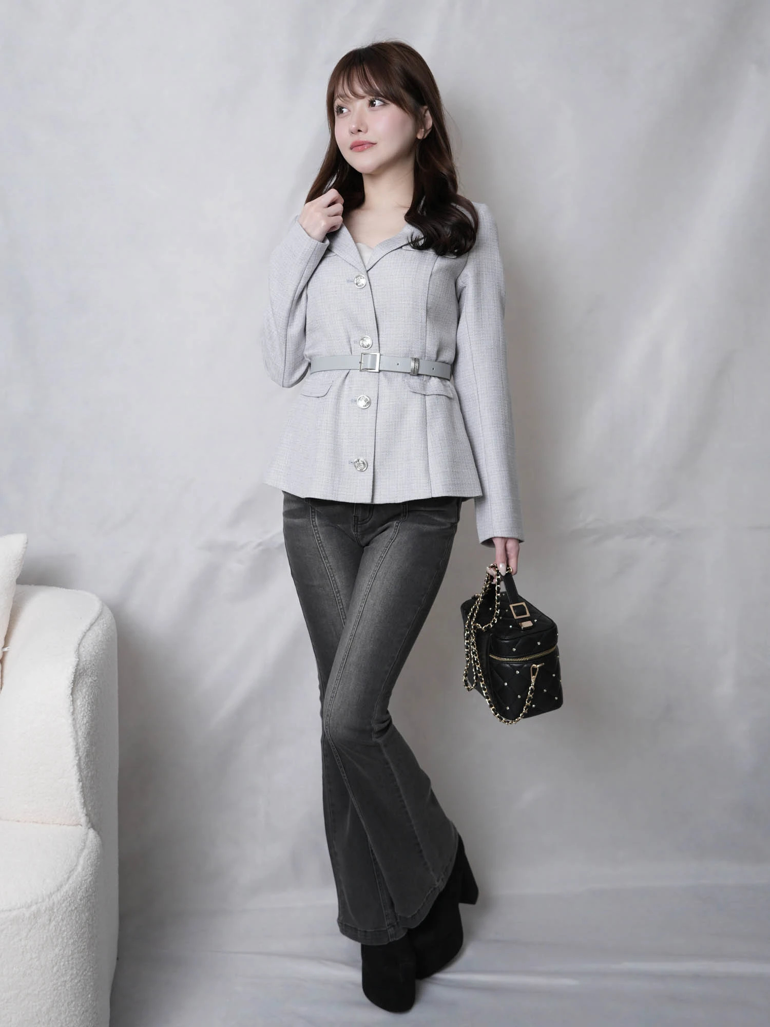 LIP SERVICE（リップサービス）｜ ベルト付ツイードミドルジャケット