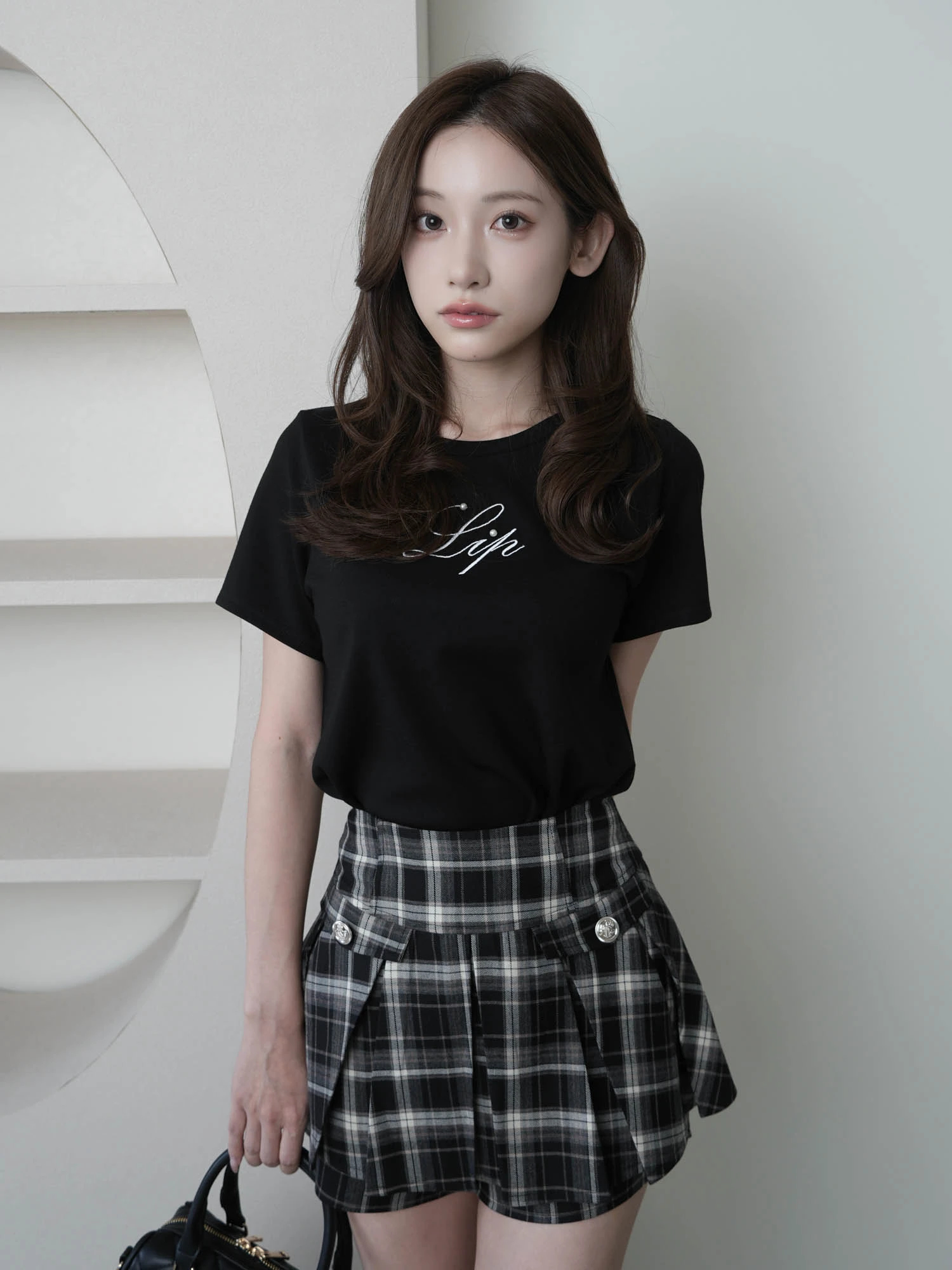 リブ編み ブラックショートパンツ ウエストリボン付き　juemi LIP SERVICE（リップサービス）｜ フラップポイントプリーツショート