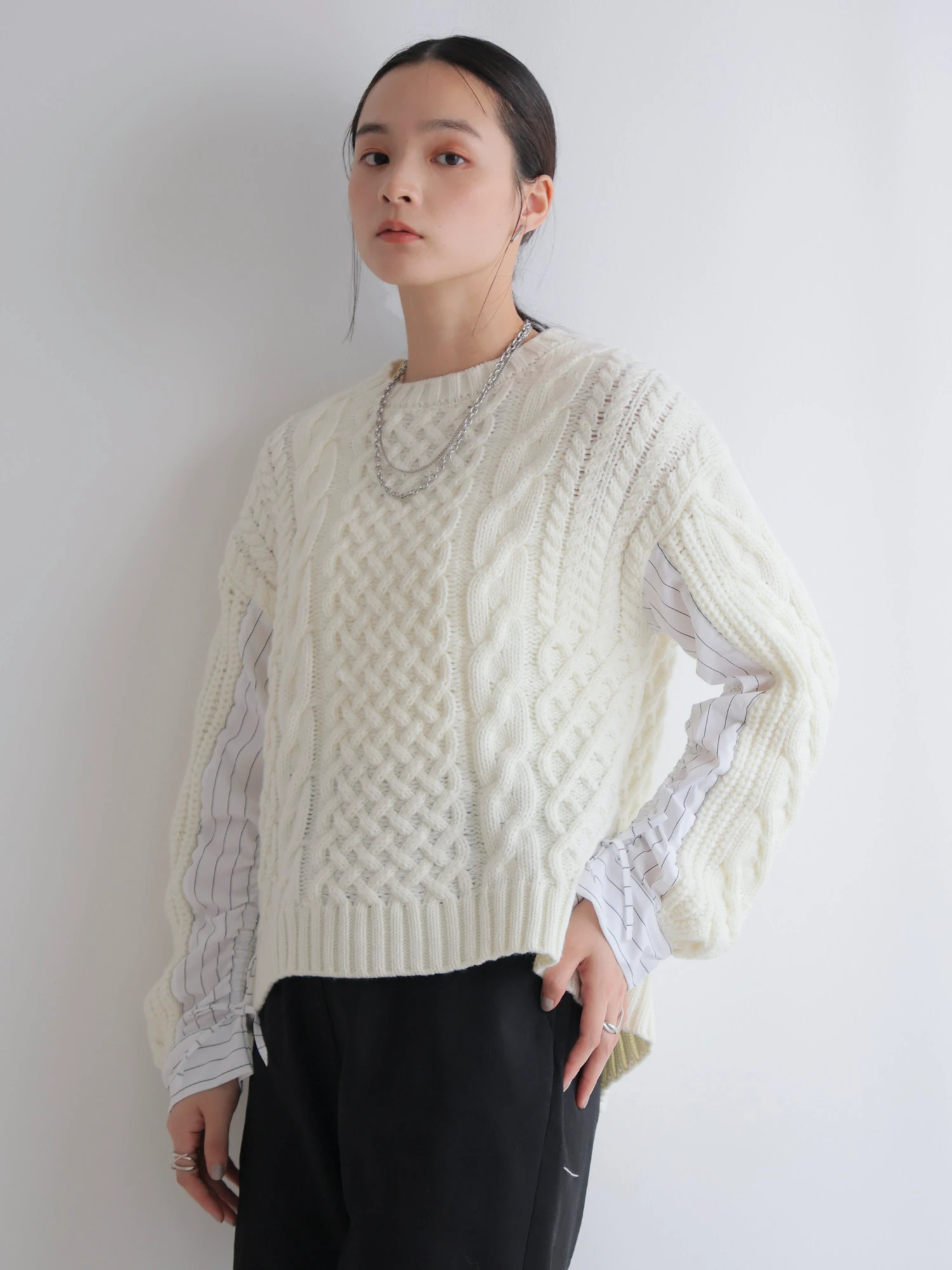 美品✨️鎌倉シャツ 134 スタンドカラー ケーブル ニット 希少 綿100