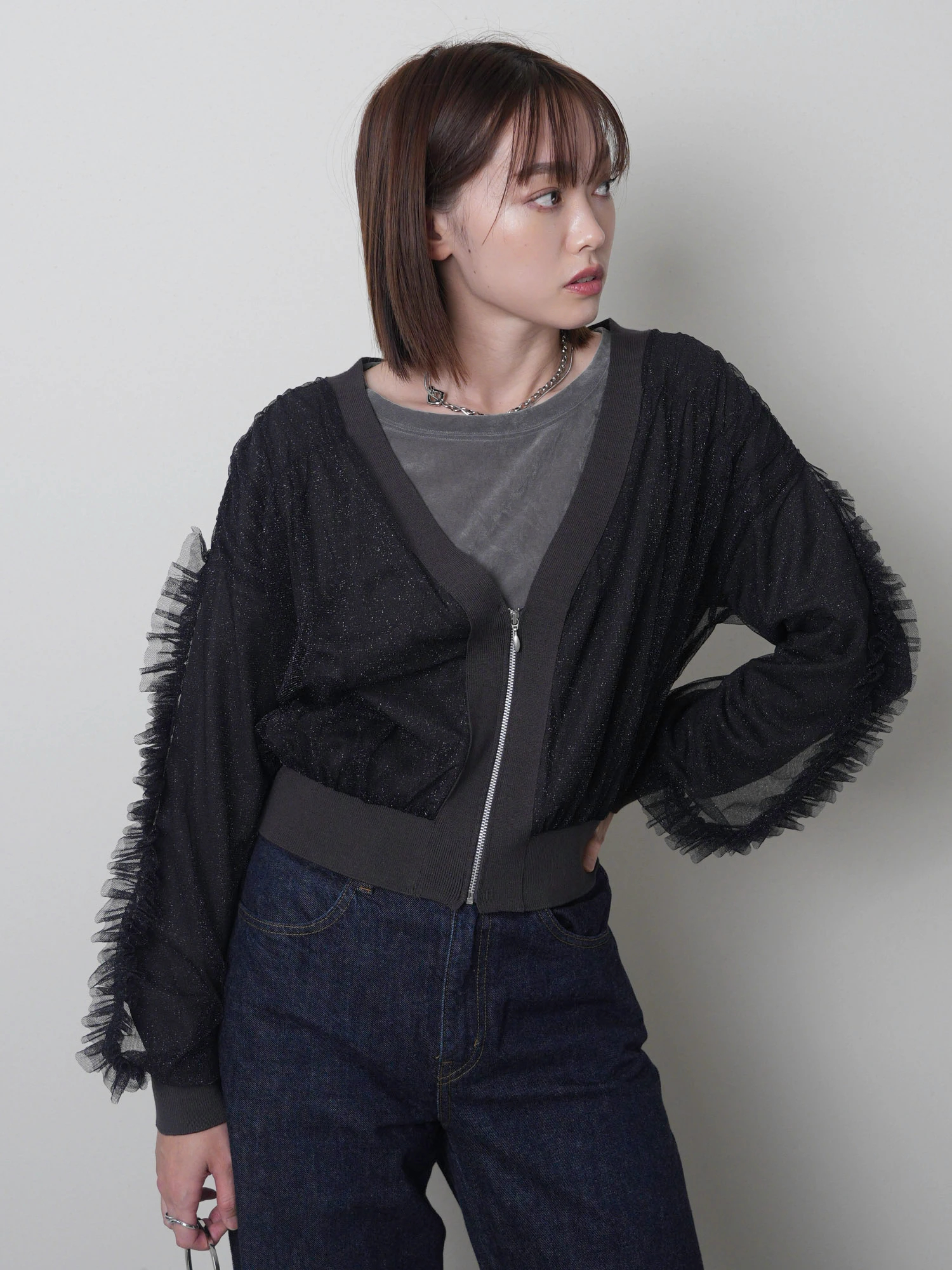カーディガン フロントジップチュールフリルカーディガン レディース LADYMADE（レディメイド）｜ フロントジップチュールフリル