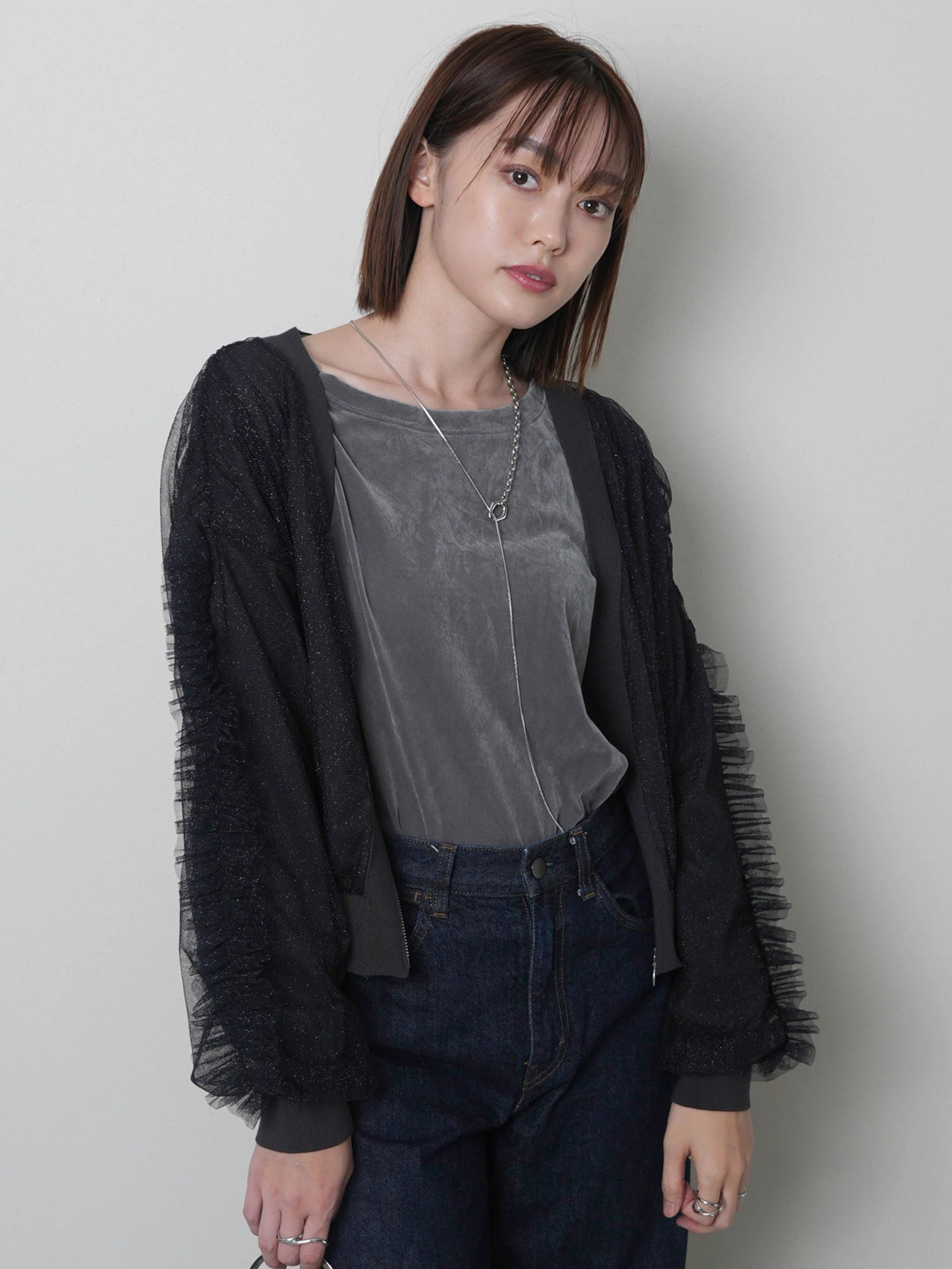 カーディガン フロントジップチュールフリルカーディガン レディース LADYMADE（レディメイド）｜ フロントジップチュールフリル