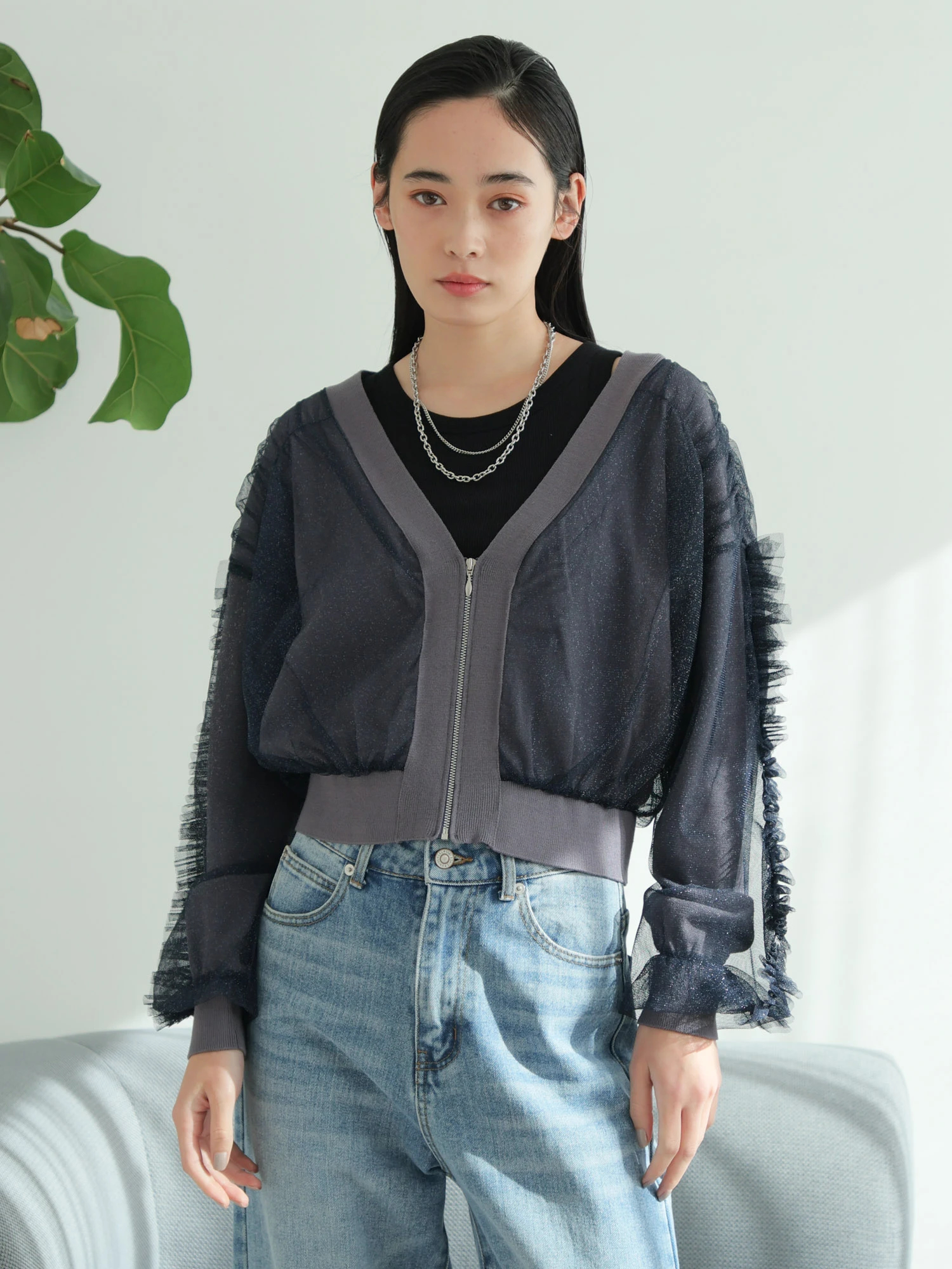 カーディガン フロントジップチュールフリルカーディガン レディース LADYMADE（レディメイド）｜ フロントジップチュールフリル