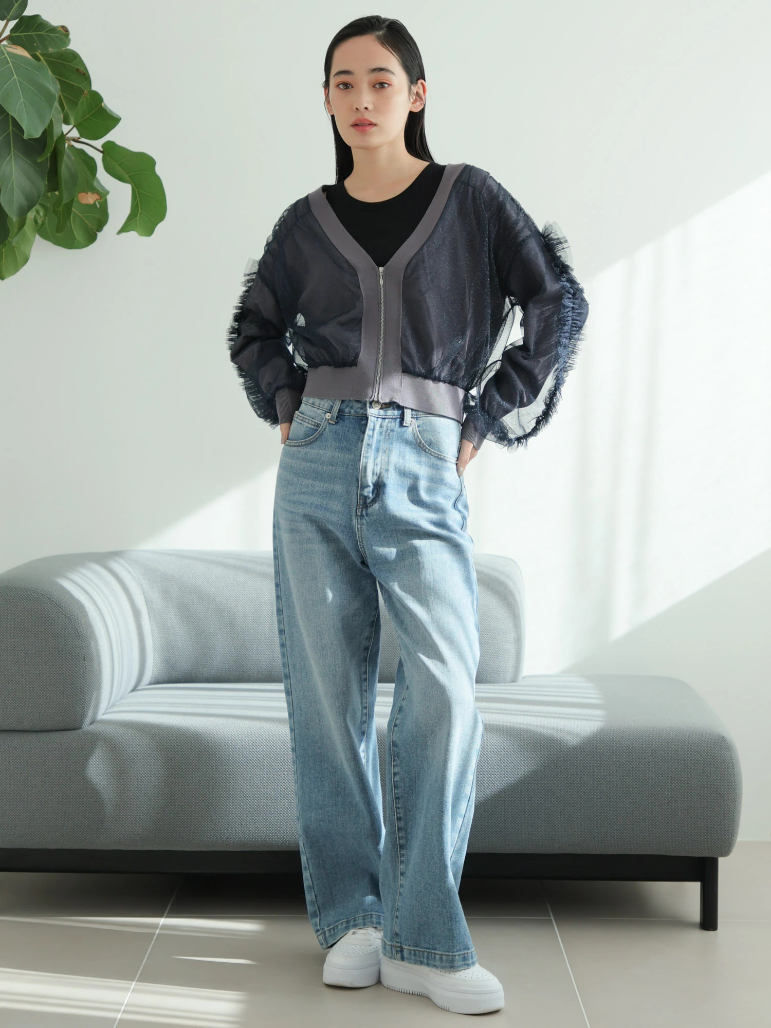 カーディガン フロントジップチュールフリルカーディガン レディース LADYMADE（レディメイド）｜ フロントジップチュールフリル